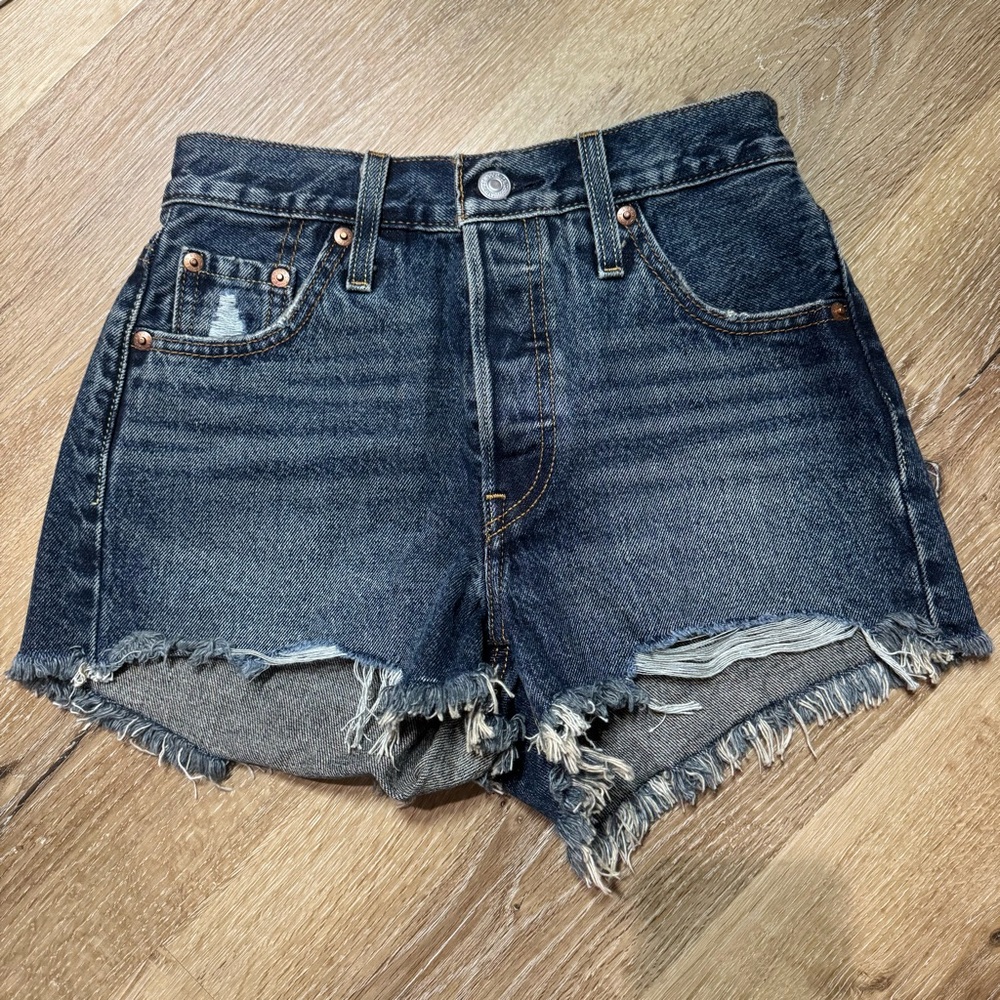 Levi's 501 Dark Blue Frayed Jean Shorts